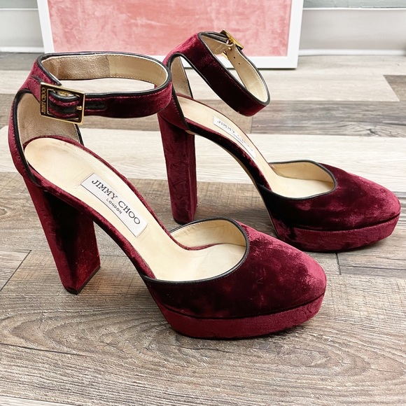 Jimmy Choo Shoes - JIMMY CHOO Merlot Red Velvet Platform Heels Sz 9